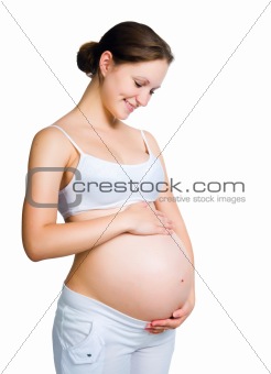pregnant woman holding  piggy bank
