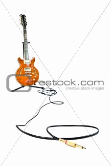 orange electric guitar and cord isolated on white