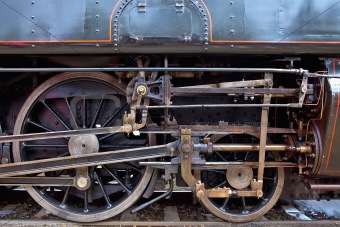 wheels of an old steam locomotive standing on rail
