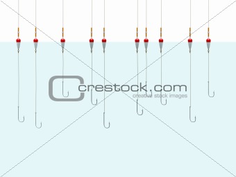a lot of hooks in the water on a white background