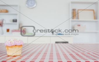 A cupcake on a tablecloth