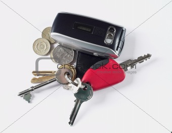 Coins keys and phone