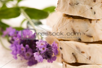 Handmade Soap With Fresh Lavender Flowers And Bath Salt