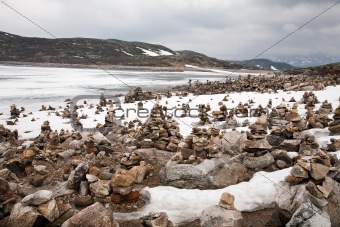 snow, ice and rock piles are arranged