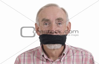 Old man with gag over mouth