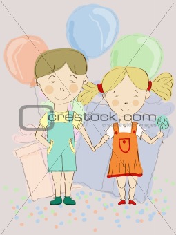 vector boy and girl holding hands with balloons and presents