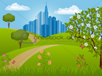Summer landscape. Nature background.  Vector illustration.