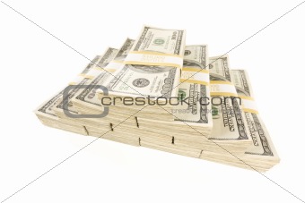 Stacks of One Hundred Dollar Bills Isolated on a White Background.
