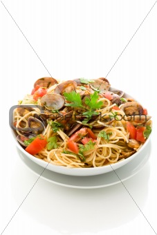 Pasta with Clams on white isolated background
