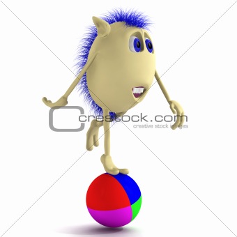 Blue haired 3D puppet balancing on ball