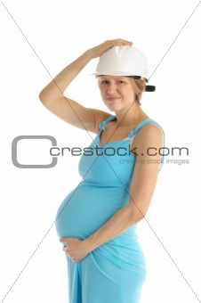 frustrated pregnant woman in helmet