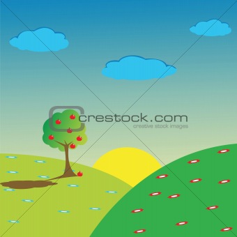 morning landscape with lonely apple tree