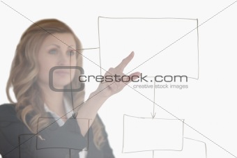 Young blond-haired woman thinking about a diagram