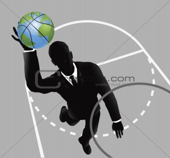 Business man slam dunking basketball