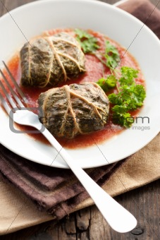 Dolmades with rhubarb leaves, meat and rice 