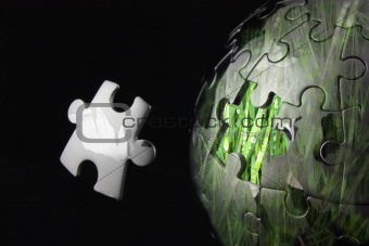 Jigsaw globe with one piece missing and grass inside