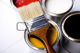 Paint buckets, paint and brush