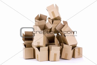 Pile of open cardboard boxes on white background
