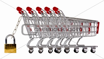 Row of shopping trolleys secured and isolated on white