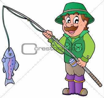 Cartoon fisherman with rod and fish