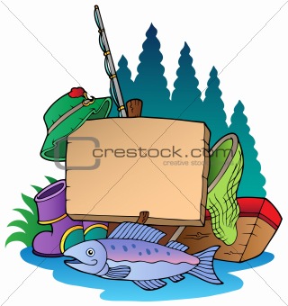 Wooden board with fishing equipment