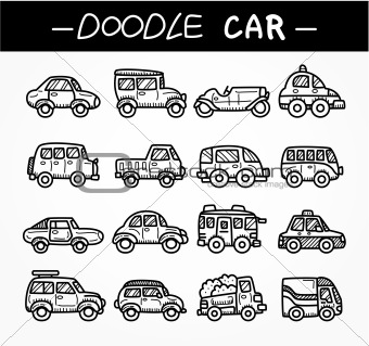 doodle cartoon car icon set