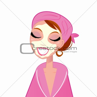 Spa facial girl wearing pink bath robe isolated on white
