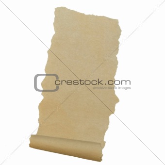 Old paper roll scrap isolated on white background