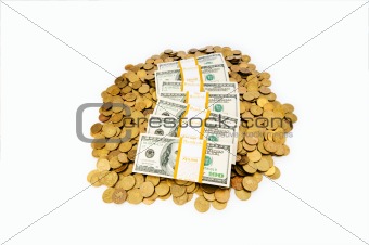 Dollars and coins isolated on the white background