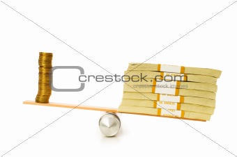 Financial concept - balance between coins and paper money