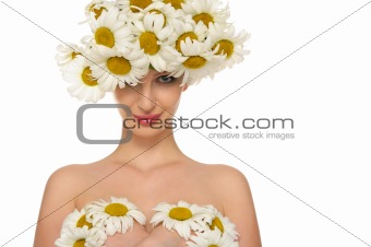 Sexy woman is covered daisies
