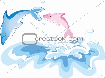 Two dolphins jumping in the water
