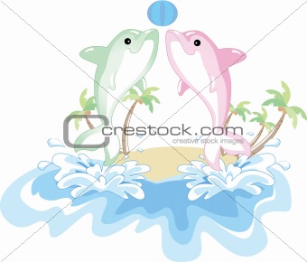 Two dolphins playing with a ball