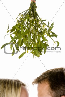 Couple standing beneath mistletoe