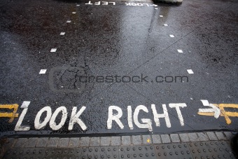Look Right warning at a pedestrian crossing in a London street