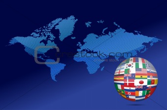 International communication concept. World flags on globe illustration