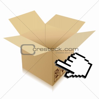 Hand Cursor and shipping box illustration over white