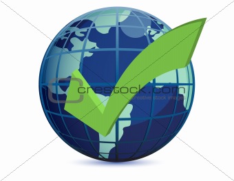 World globe and checkmark over a white background