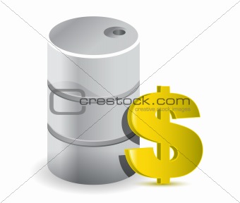 Oil barrel with golden dollar symbol on a white background