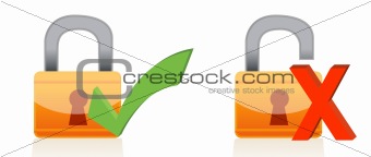 Icons of padlock with check and xmarks