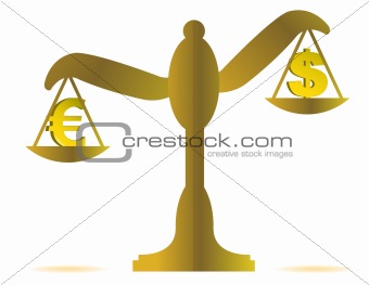 3d illustration of euro and dollar on balance over a white background