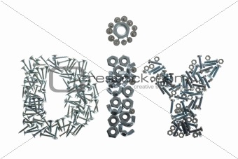 DIY label spelled out with screws, bolts and nuts isolated on white background