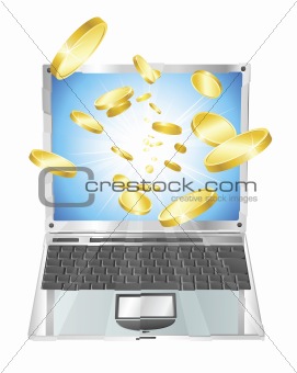 Gold coins flying out of laptop computer