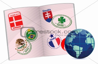 globe and passport illustration design with around the world stamps