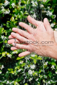 Hands under falling water