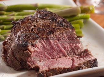 tenderloin steak cut open cooked rare