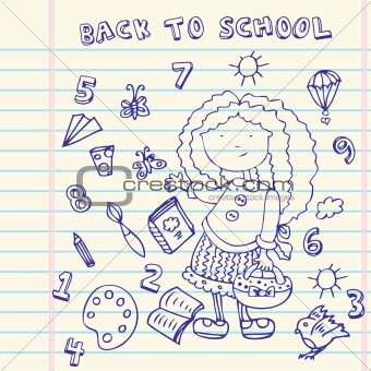 School girl background. Cartoon icons set