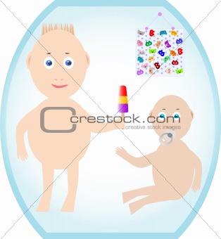 Two Cute baby. Boy with pacifier and Child look up
