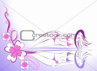 Sexy girl in bikini with pink flowers on blue background
