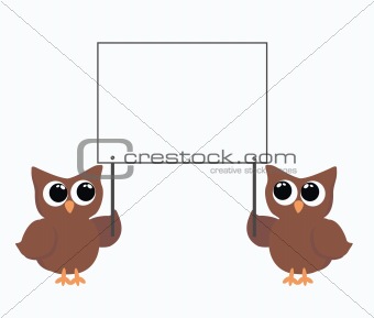 two owls holding a placard
